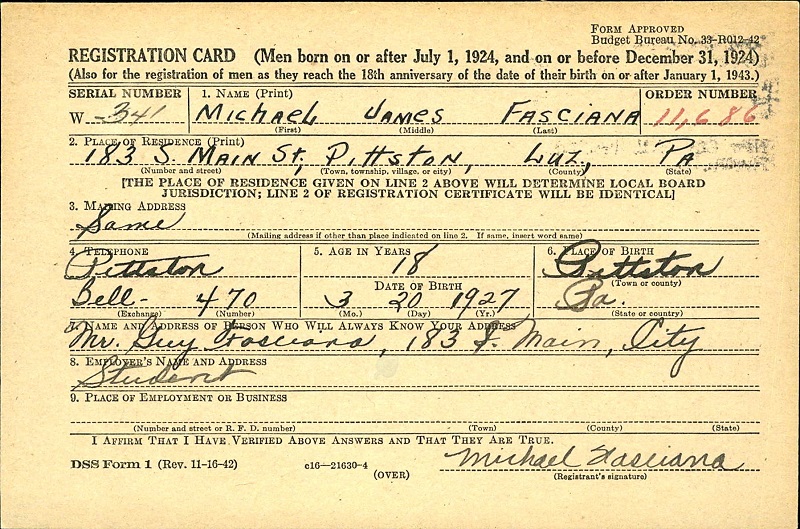 Michael J. Fasciana WW2 Draft Registration