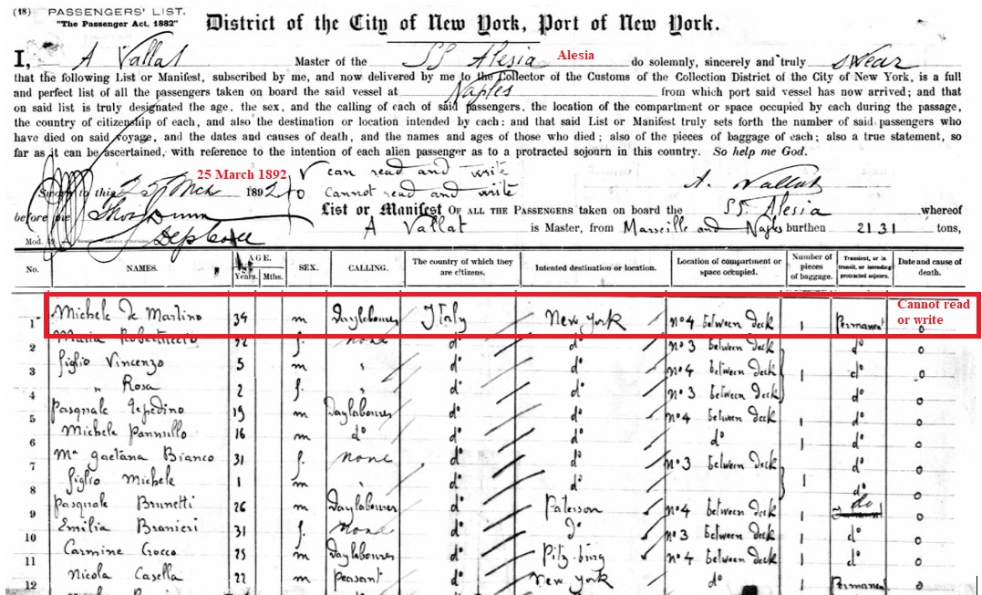 Michele DeMartino Immigration Record 1892