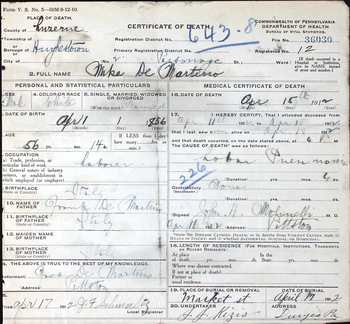 Michele DeMartino Death Certificate