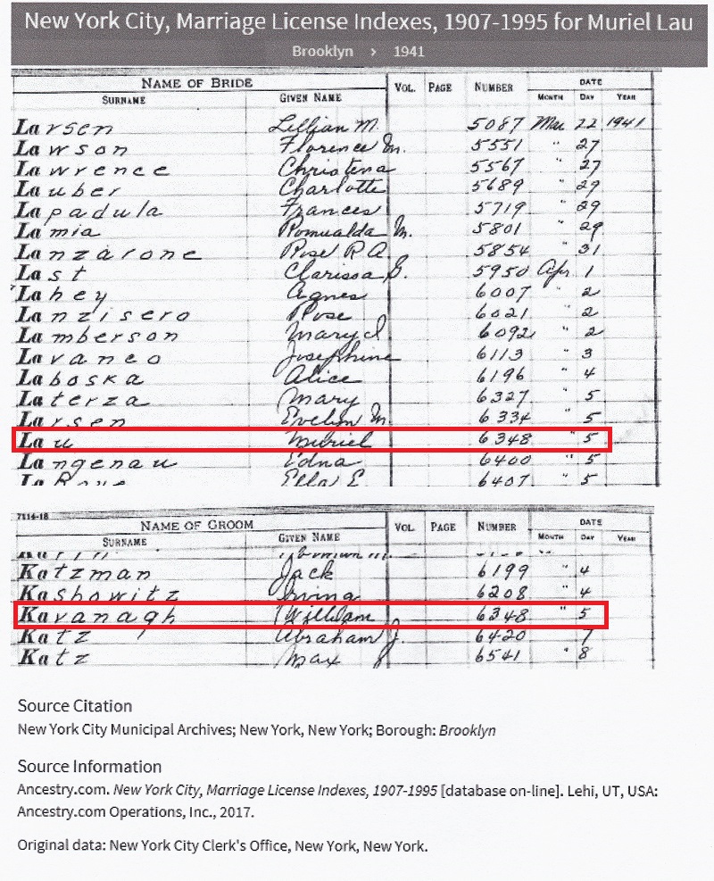Muriel L. Lau and William Kavanagh Marriage Record