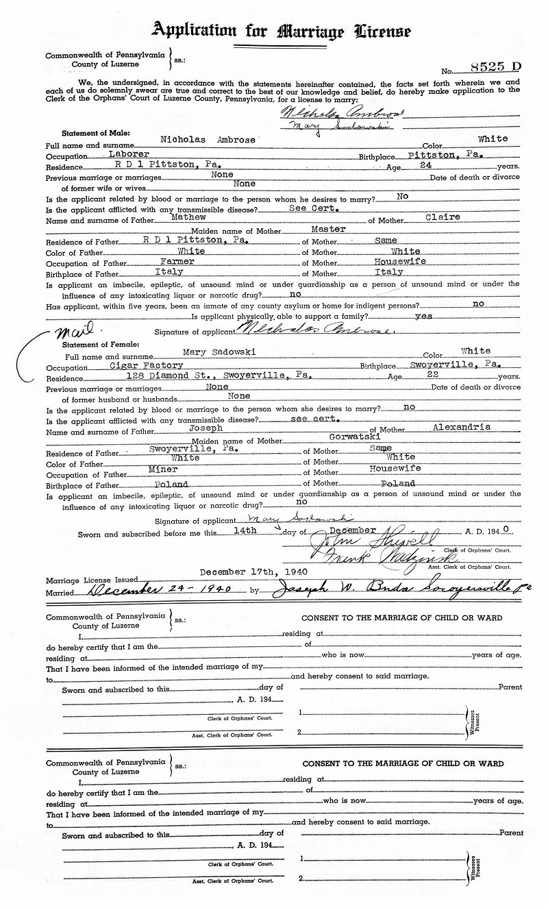 Nicholas Ambrose and Mary Sadowski Marriage Record