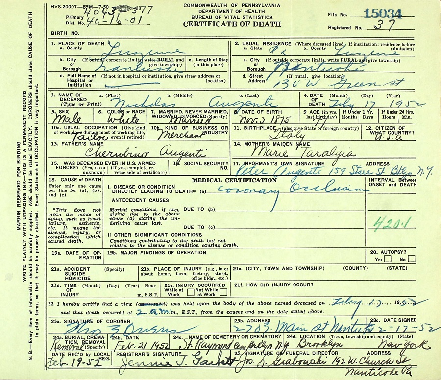 Nicholas Augenti Death Certificate