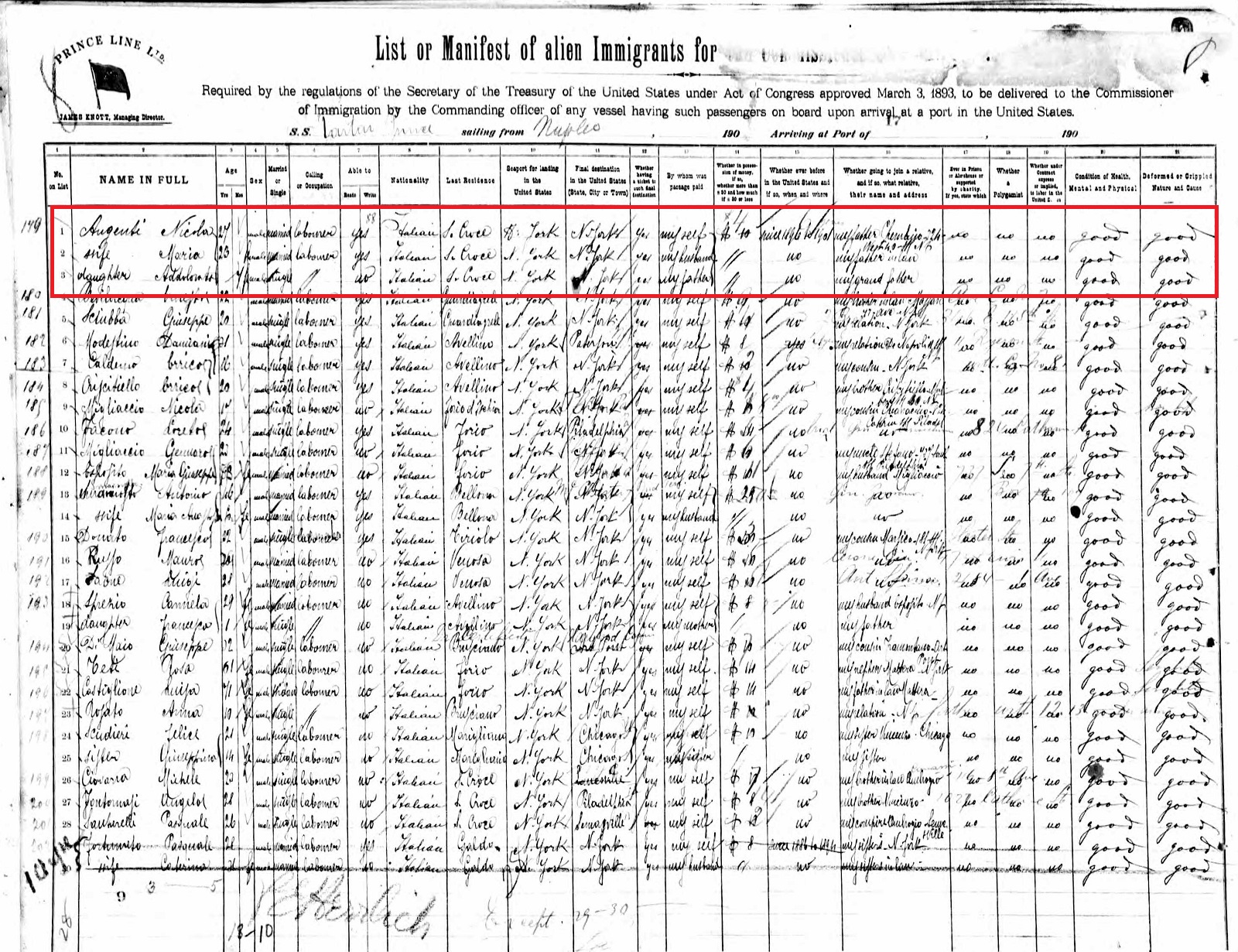 Nicholas Augenti Immigration Record