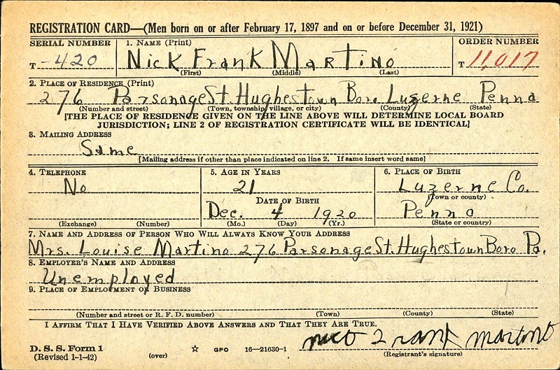 Nicholas DeMartino WW2 Draft Registration