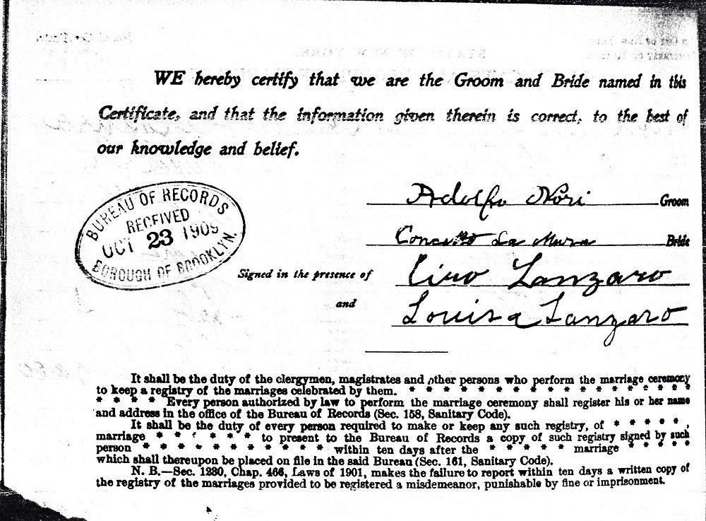 Adolph Nori and Concetta LaMura Marriage Certificate