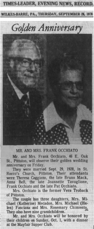 Elvira Trobacco and Frank Occhiato Marriage Record