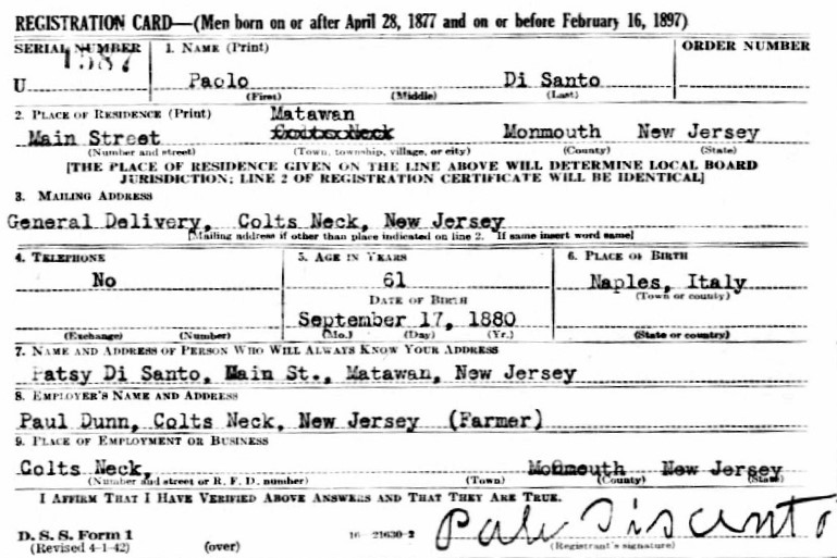 Paolo DiSanto WW2 Draft Registration