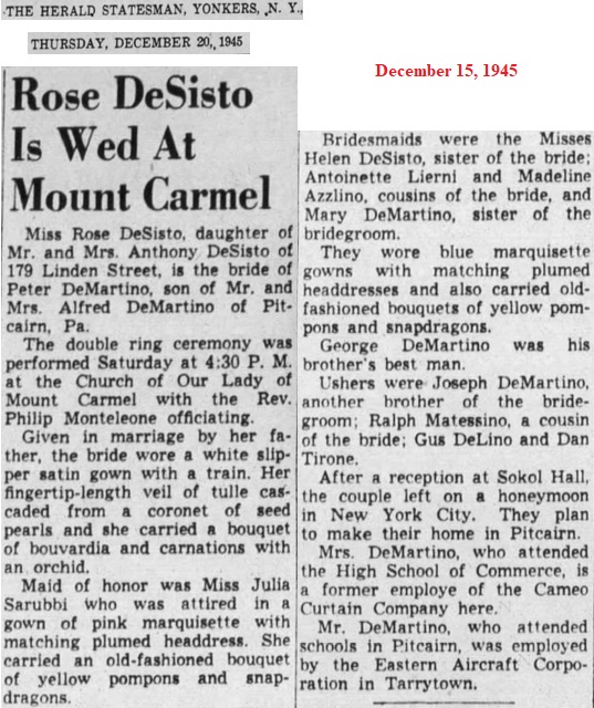 Peter DeMartino and Rose DeSisto Marriage Record