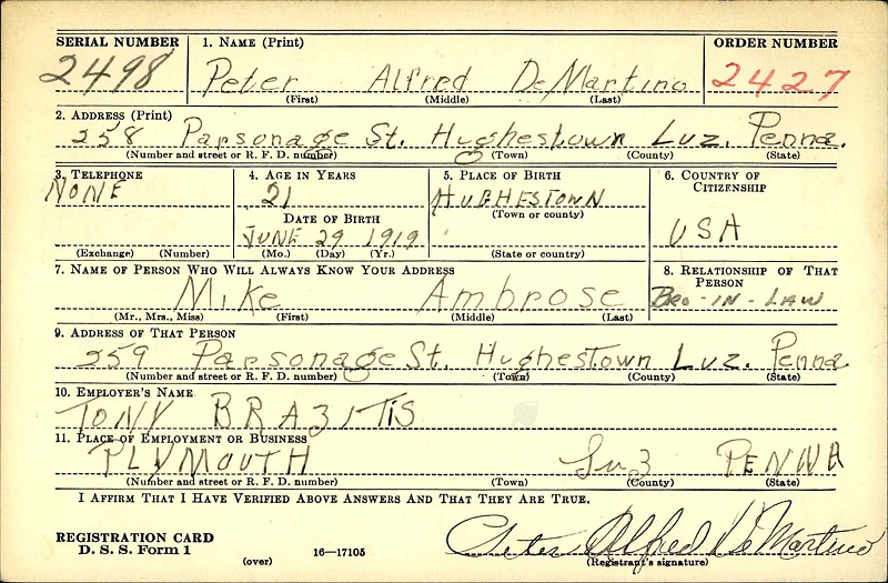 Peter A. DeMartino World War II Draft Registration