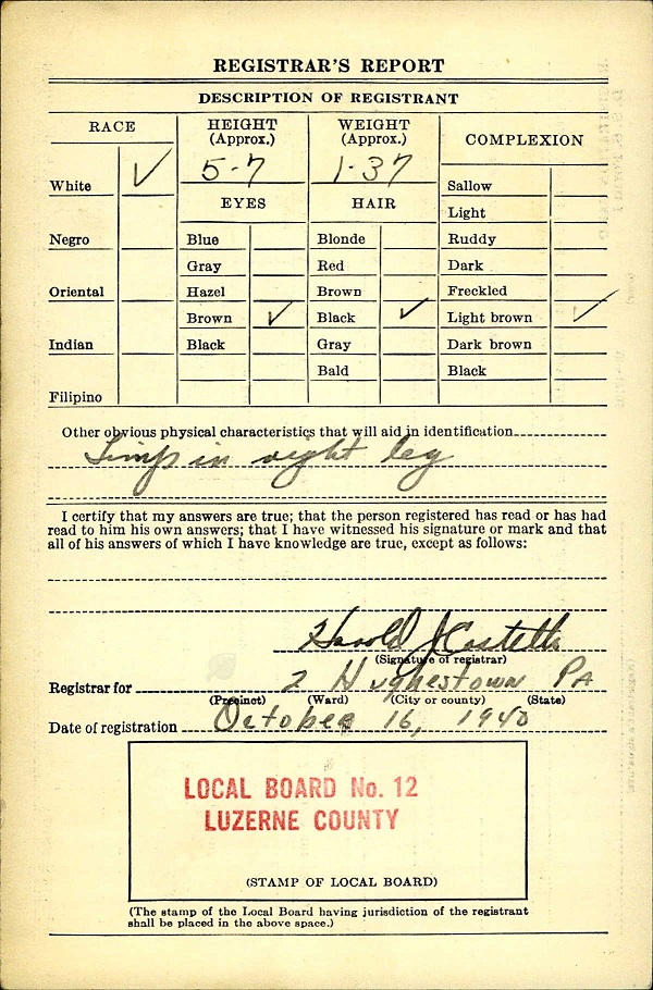 Peter A. DeMartino World War II Draft Registration