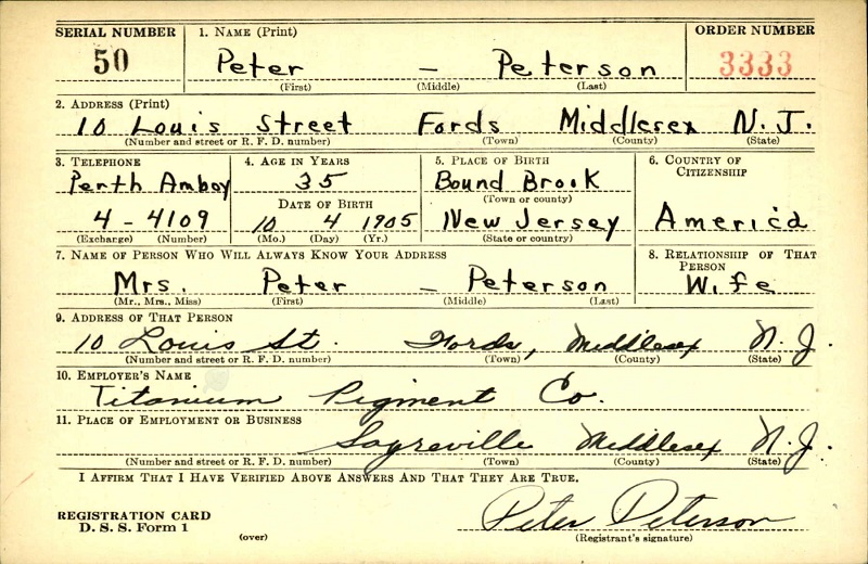 Peter H. Peterson, Sr. WW2 Draft Registration
