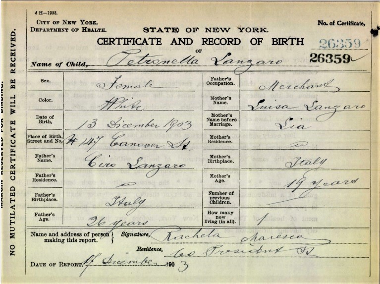 Petronella Lanzaro Birth Certificate