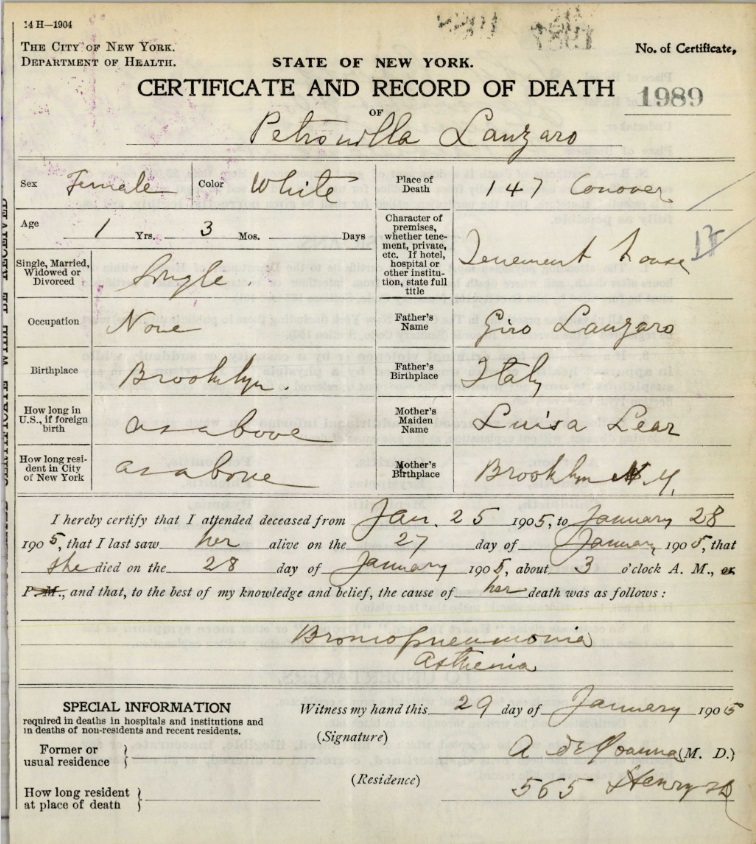 Petronella Lanzaro Death Certificate