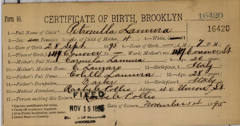 Petronilla LaMura Birth Certificate
