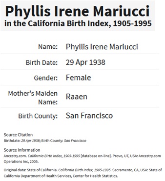 Phyllis Irene Mariucci Birth Index