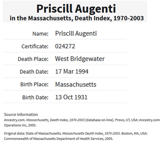 Priscilla Ann Read Augenti Death Index