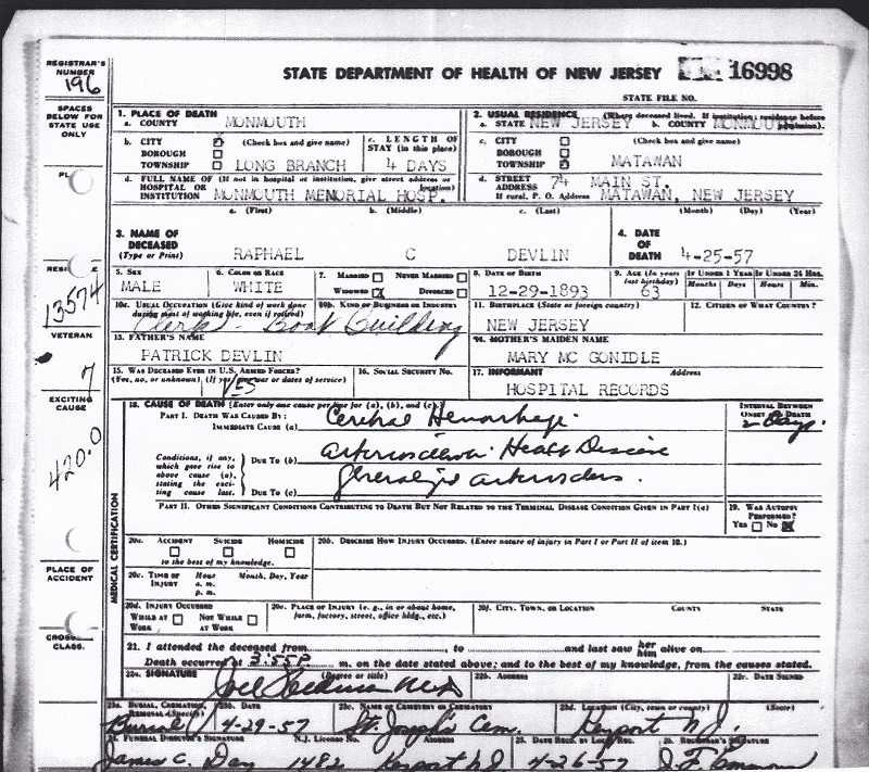 Raphael Charles Devlin Death Certificate