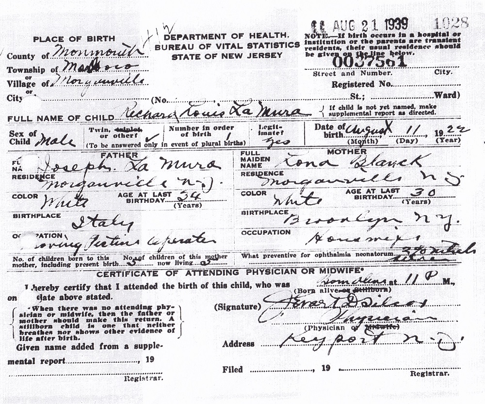 Richard Louis LaMura Birth Certificate