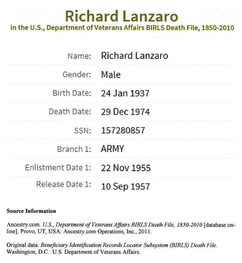 Richard J. Lanzaro Military Record