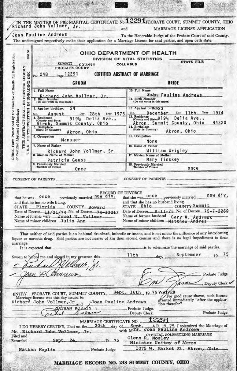 Richard Vollmer and Joan Andrews Marriage Certificate