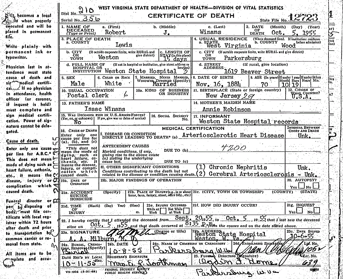 Robert J. Winans Sr. Death Record