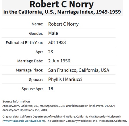 Robert Norry and Phyllis Mariucci Marriage Index