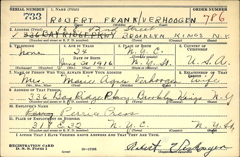 Robert F. Verhoogen WW2 Draft Registration
