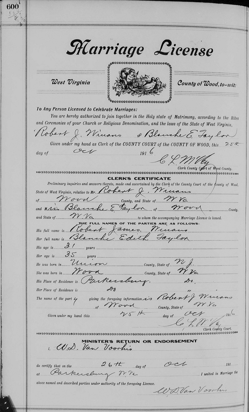 Robert J. Winans and Blance E. Taylor Marriage License