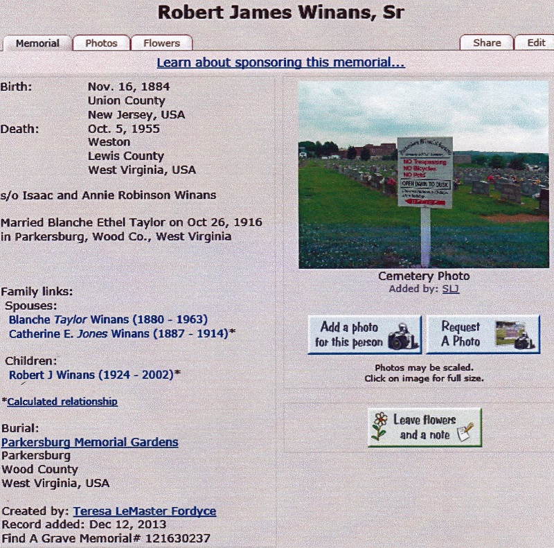 Robert J. Winans Sr. Death Record