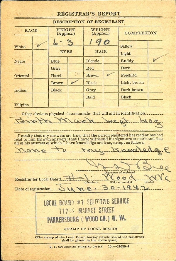 Robert James Winans, Jr. WW2 Draft Registration