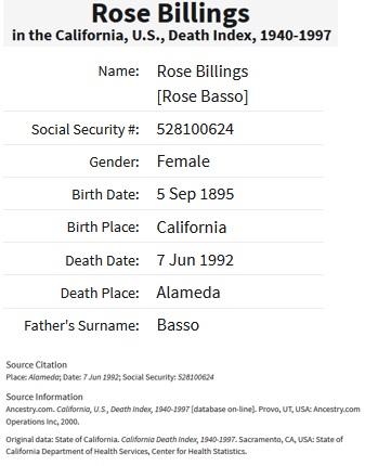 Rose Basso Norry Billings Death Index