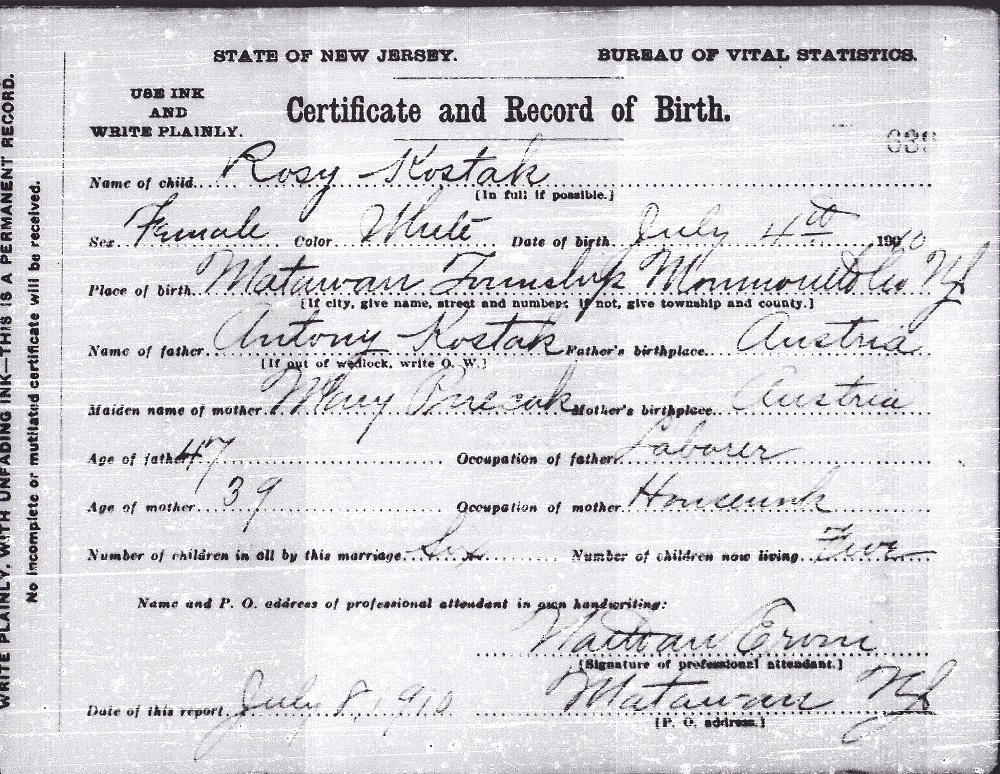 Rose Kostak Birth Certificate