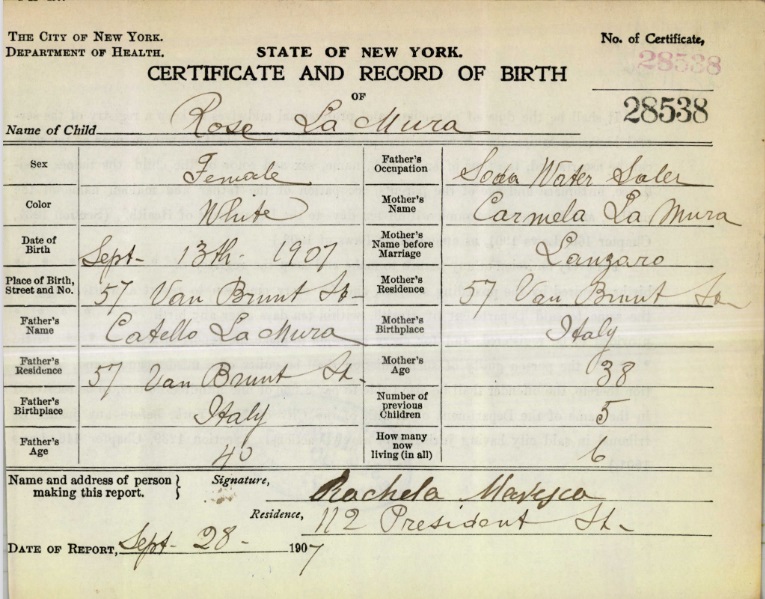 Rose Theresa LaMura Birth Certificate