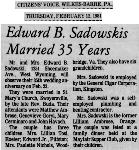 Lillian Ambrose and Edward Sadowski 35th Anniversary