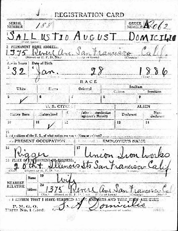 Sallustio Augusto Domicilio WW I Draft Registration