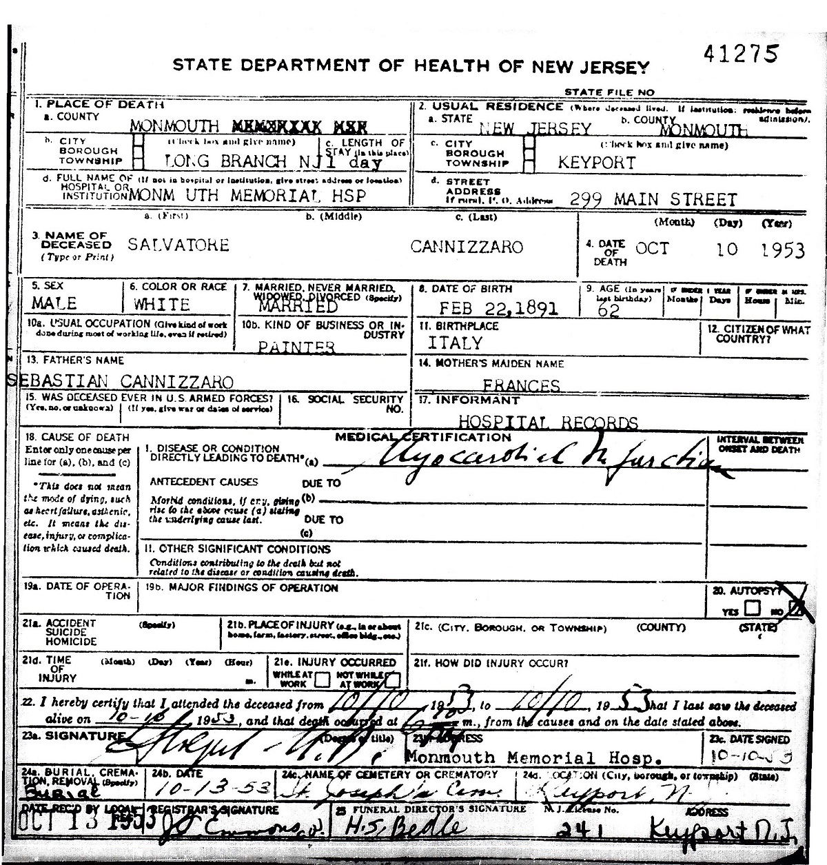 Salvatore Cannizzaro Death Certificate
