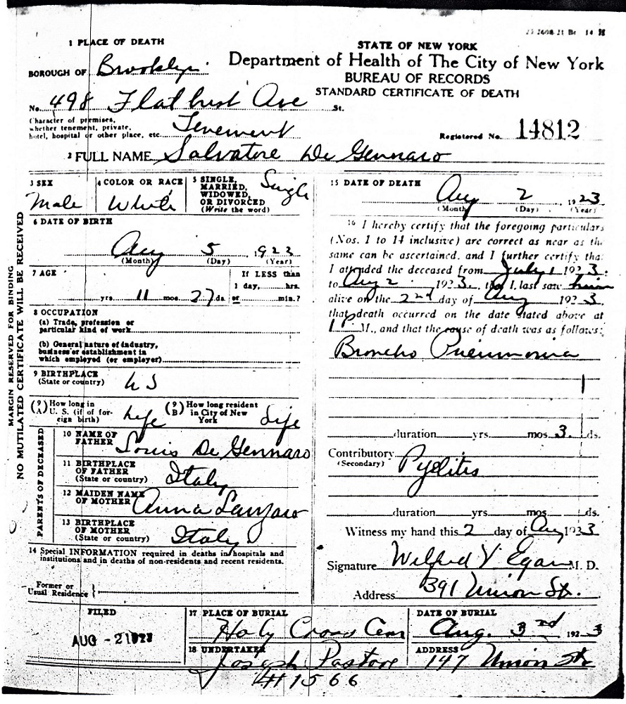 Salvatore DeGennaro Death Certificate