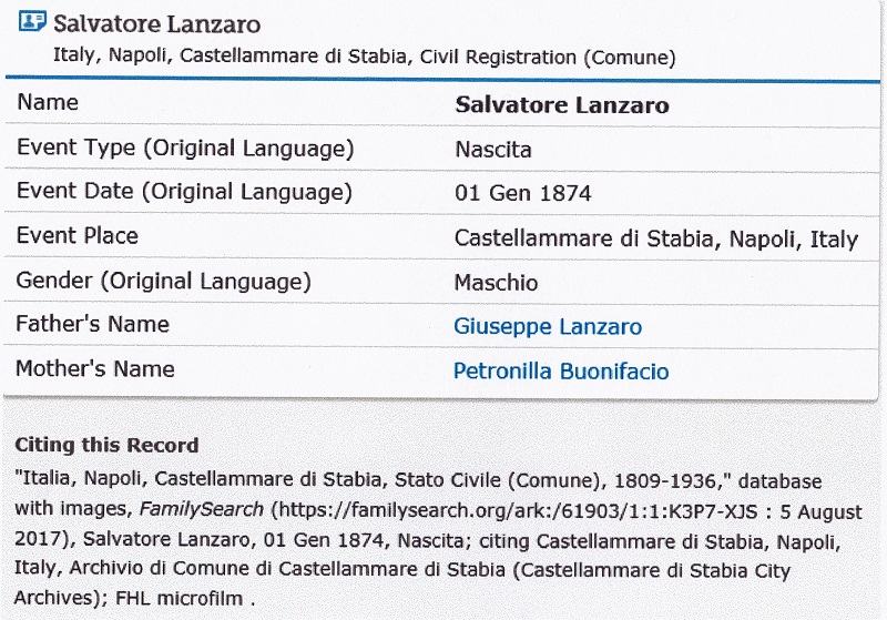 Salvatore Lanzaro Birth Extract