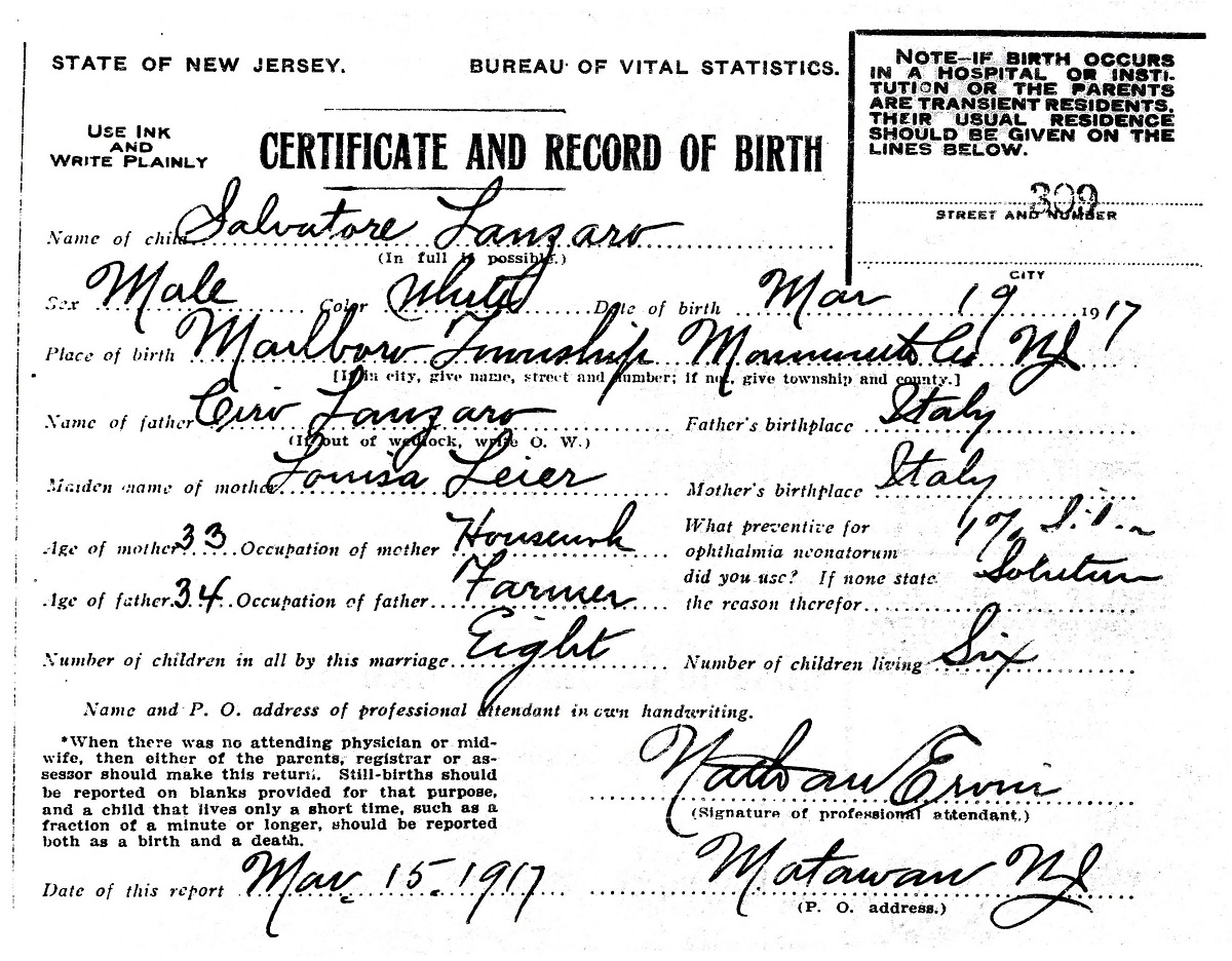 Salvatore Lanzaro Birth Certificate