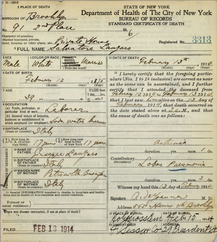 Salvatore Lanzaro death Certificate