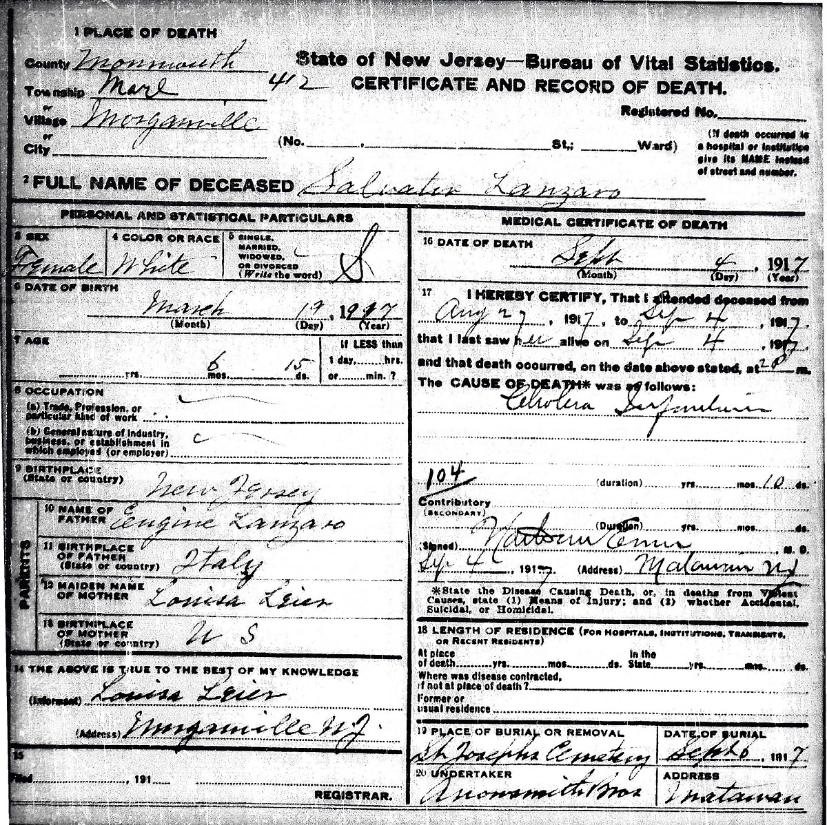 Salvatore Lanzaro Death Certificate