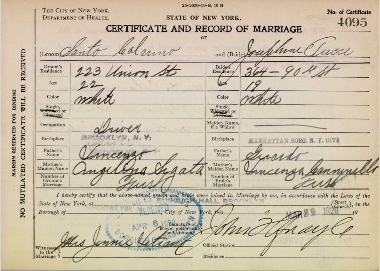 Santo Calarino and Josephine Tucci Marriage Certificate