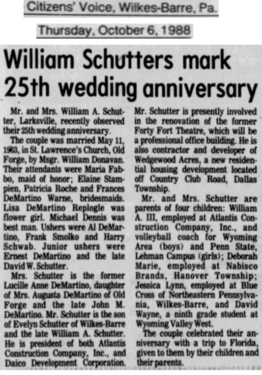 Lucille Anne Demartino and William A. Schutter Jr. Marriage