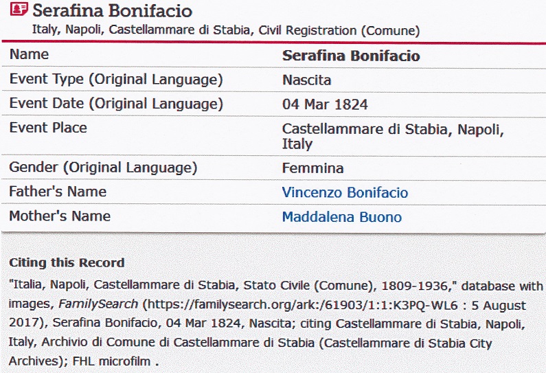 Serafina Bonifacio Birth Record