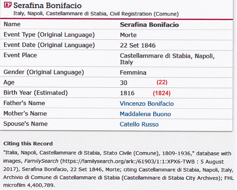 Serafina Bonifacio Death Record