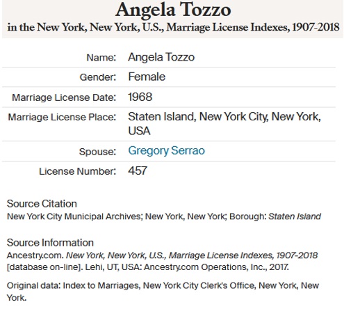 Gregory Serrao and Angela Tozzo Marriage Index
