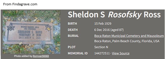 Sheldon Ross Cemetery Record