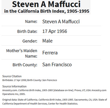 Steven A. Maffucci Birth Index