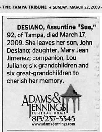 Assuntine (Sue) Guerrera Desiano Obituary