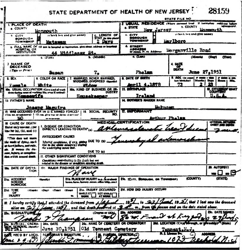 Susan Maguire Phelan Death Certificate